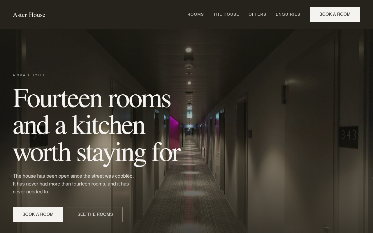 The Aster House hotel starting point, a dark editorial layout