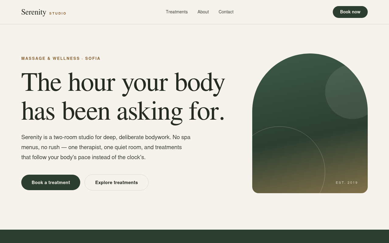 The Serenity treatment-studio starting point, open at its home page
