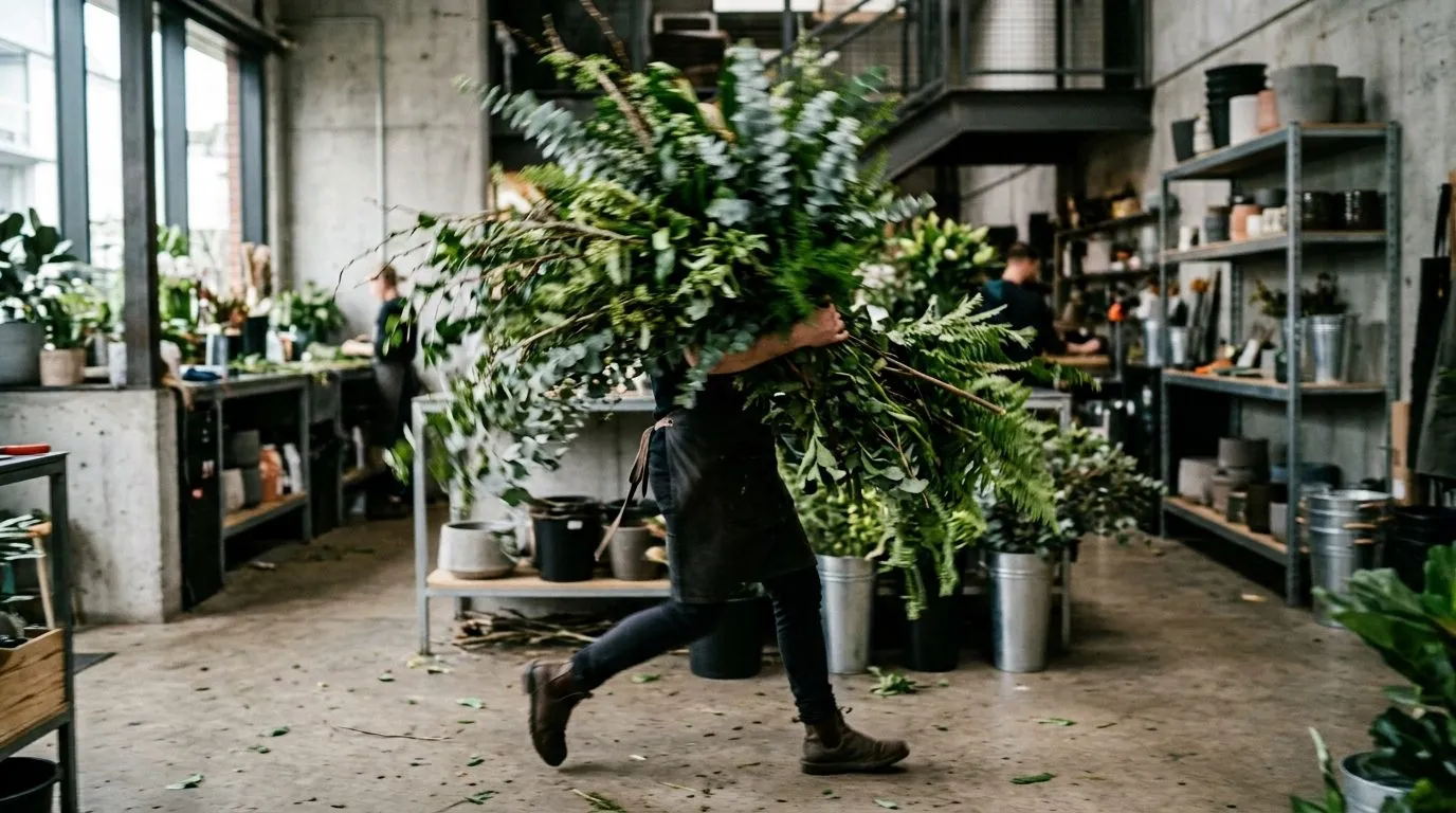 A florist carrying an armful of green branches across the shop
