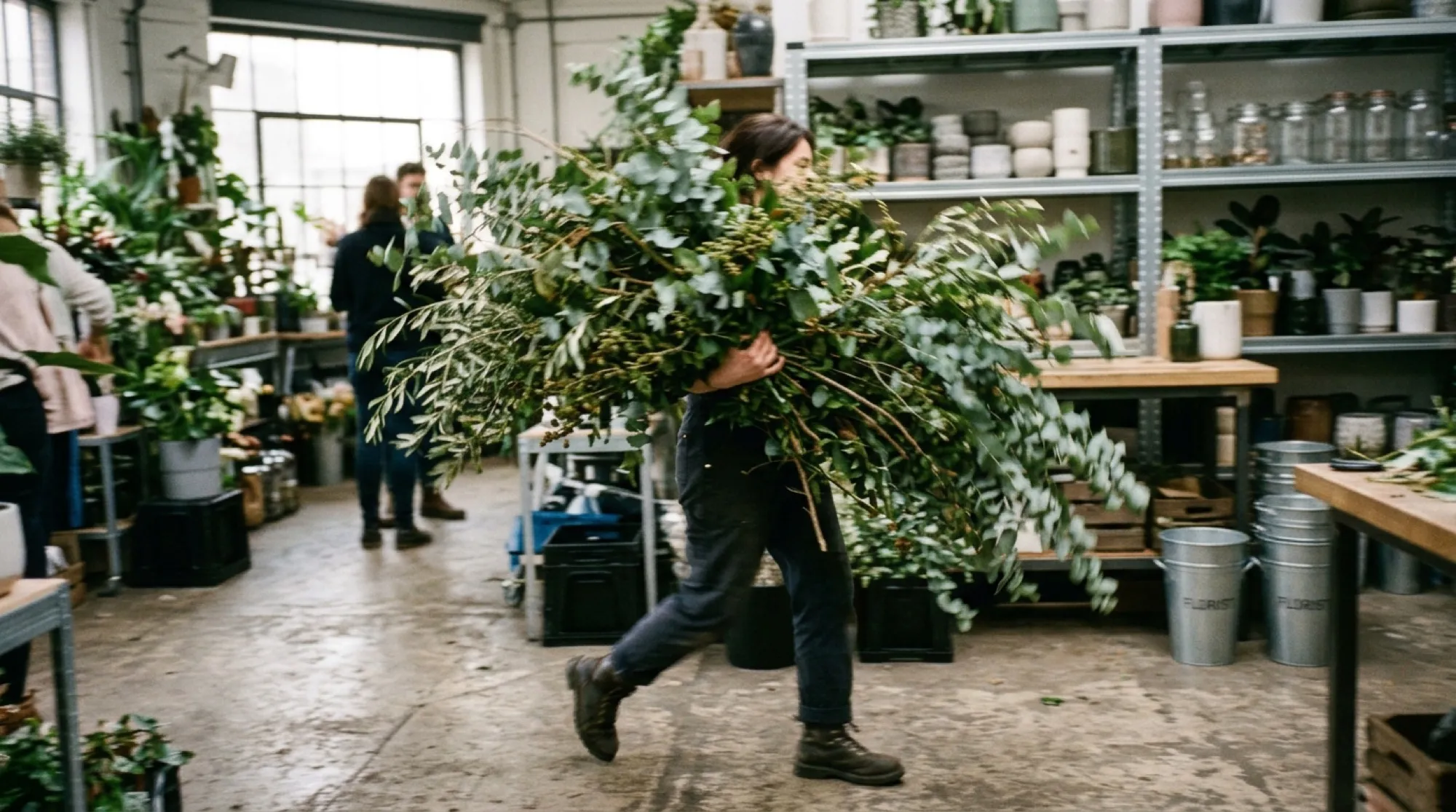A florist crossing the shop floor with a large branch under one arm