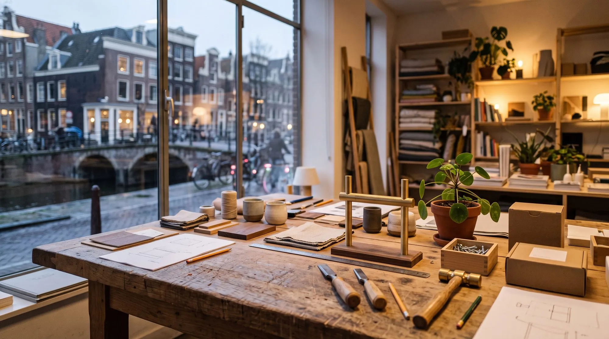 A design shop worktable laid out with tools, notebooks and stands, canal bridge through the window