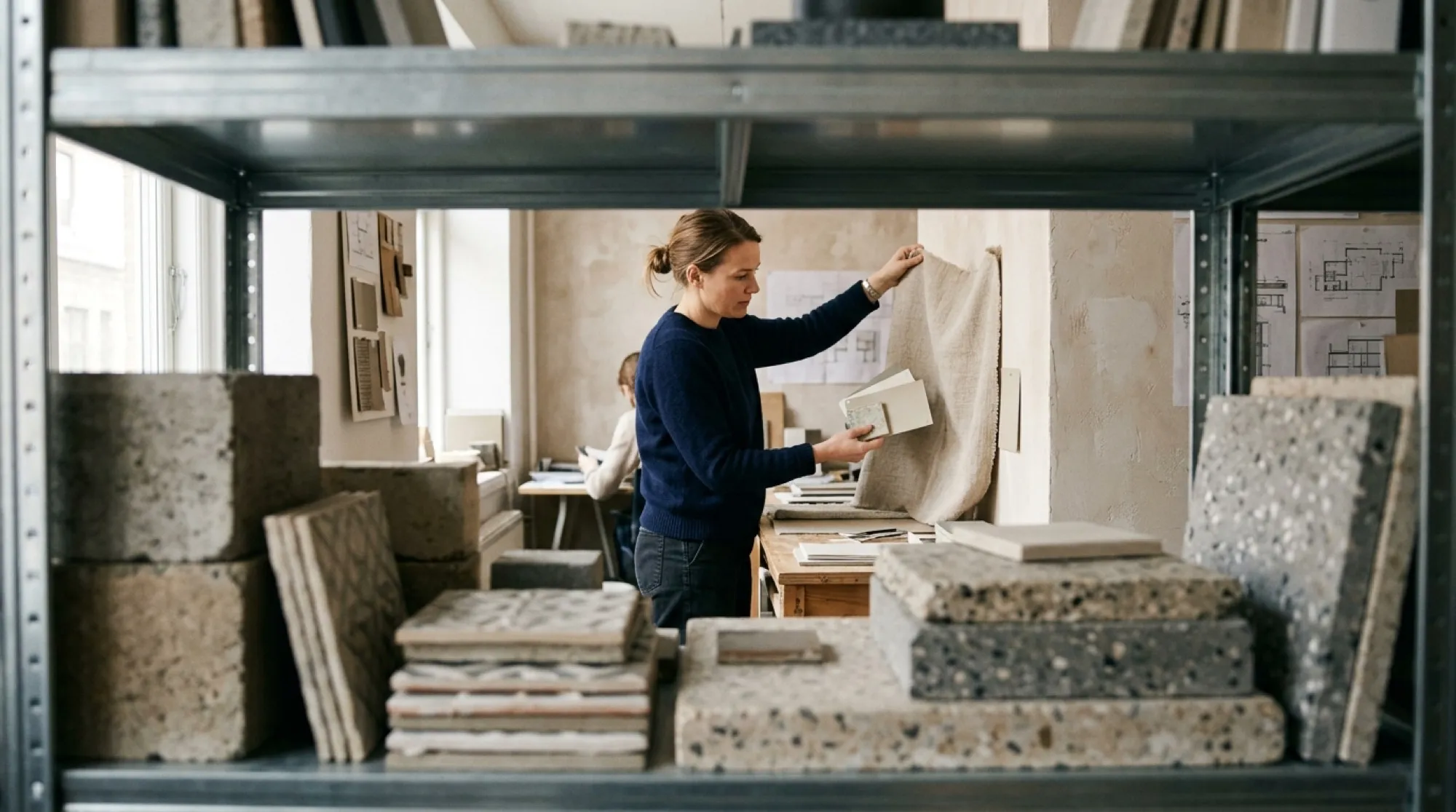 A designer holding a fabric sample up to the light against a wall of drawings in a studio