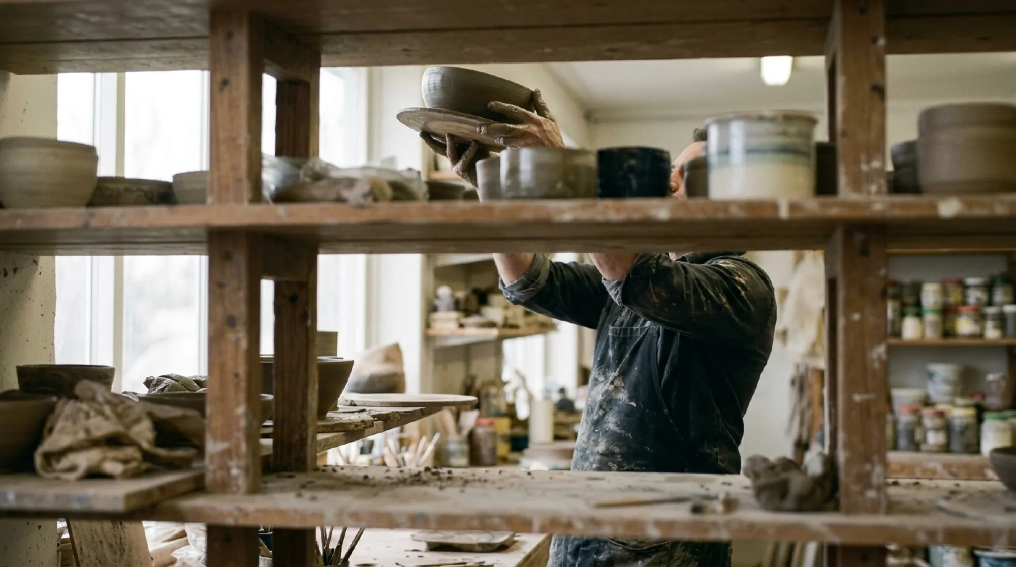 A ceramicist lifting a finished bowl onto a high drying shelf