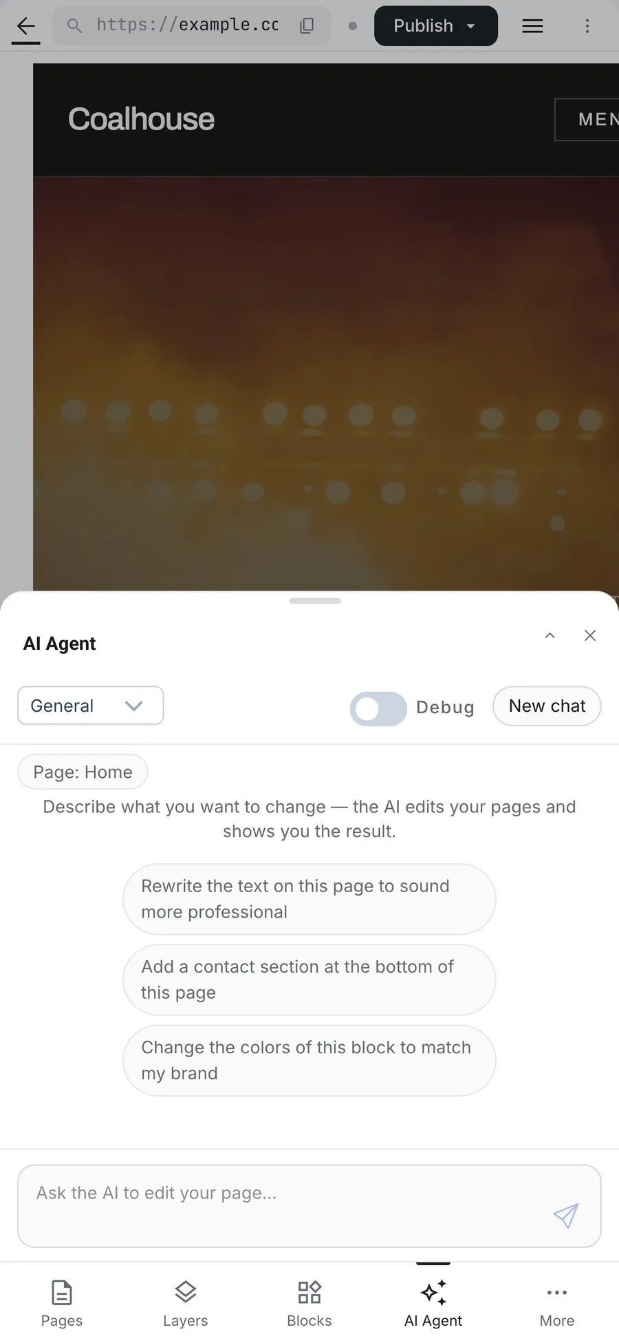 The AI Agent sheet open on a phone, with suggested prompts and an input asking what to change