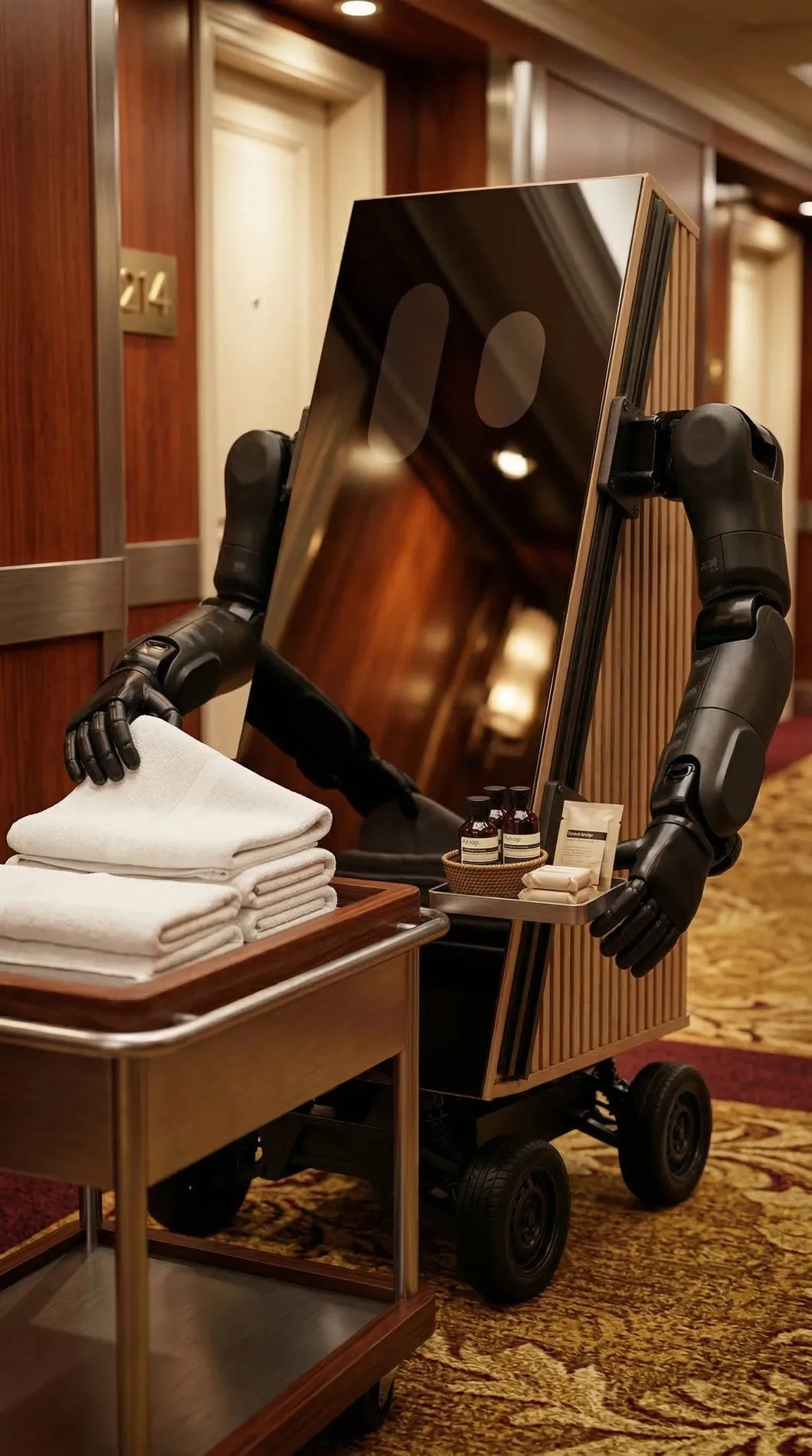 An hAire unit stacking towels onto a trolley in a hotel corridor