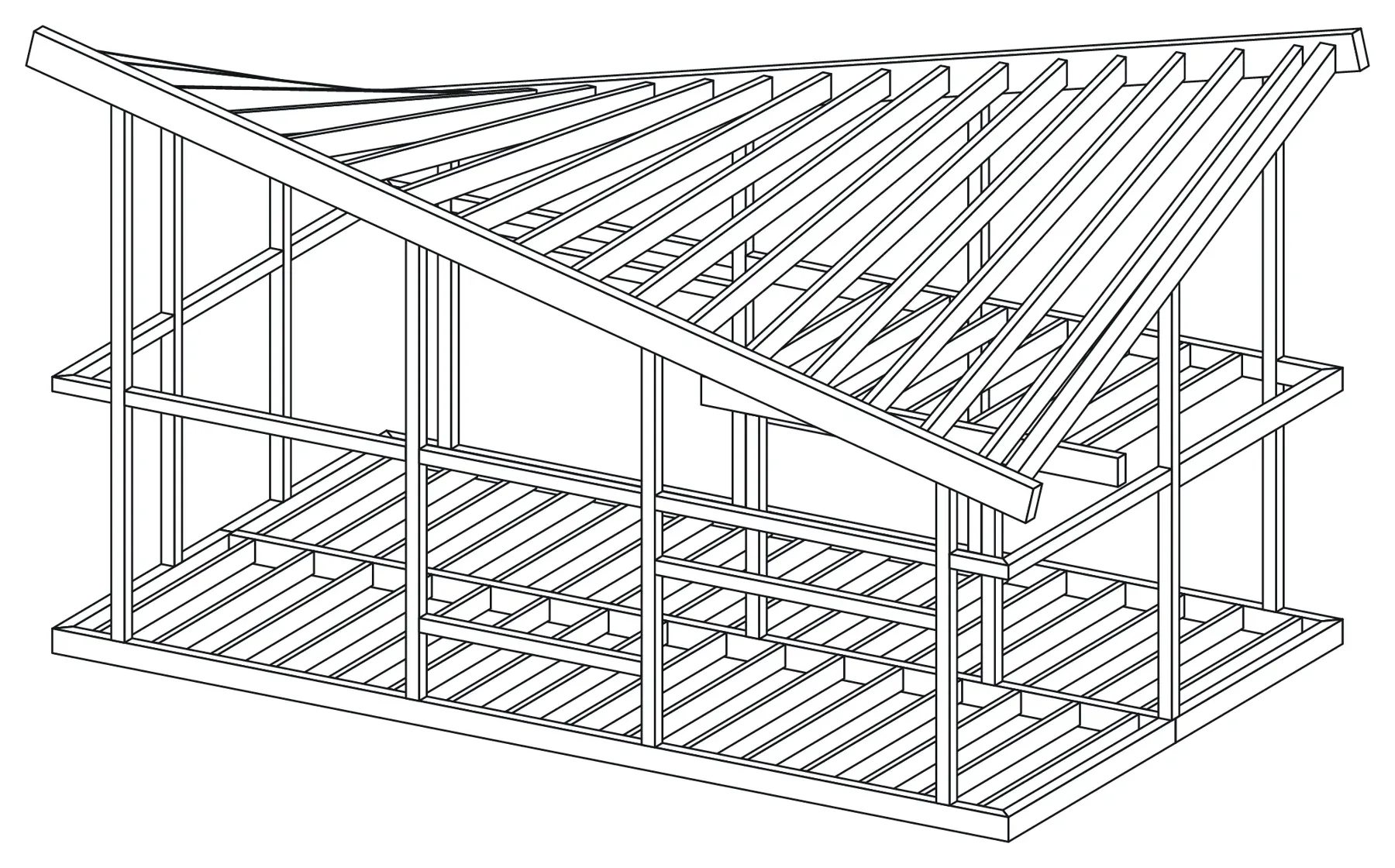 Skelet van een tiny house met een gebogen zadeldak van rechte sporen