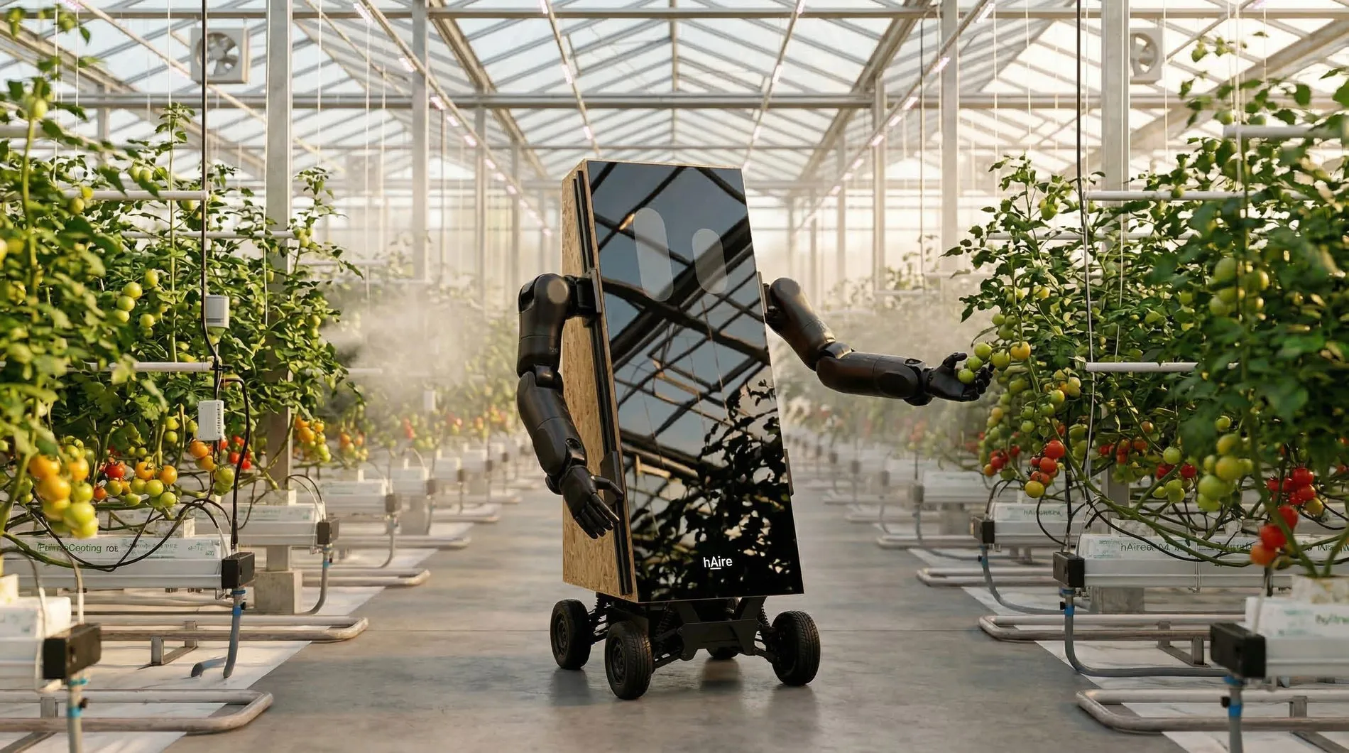 An hAire unit working a row of tomato vines in a glasshouse