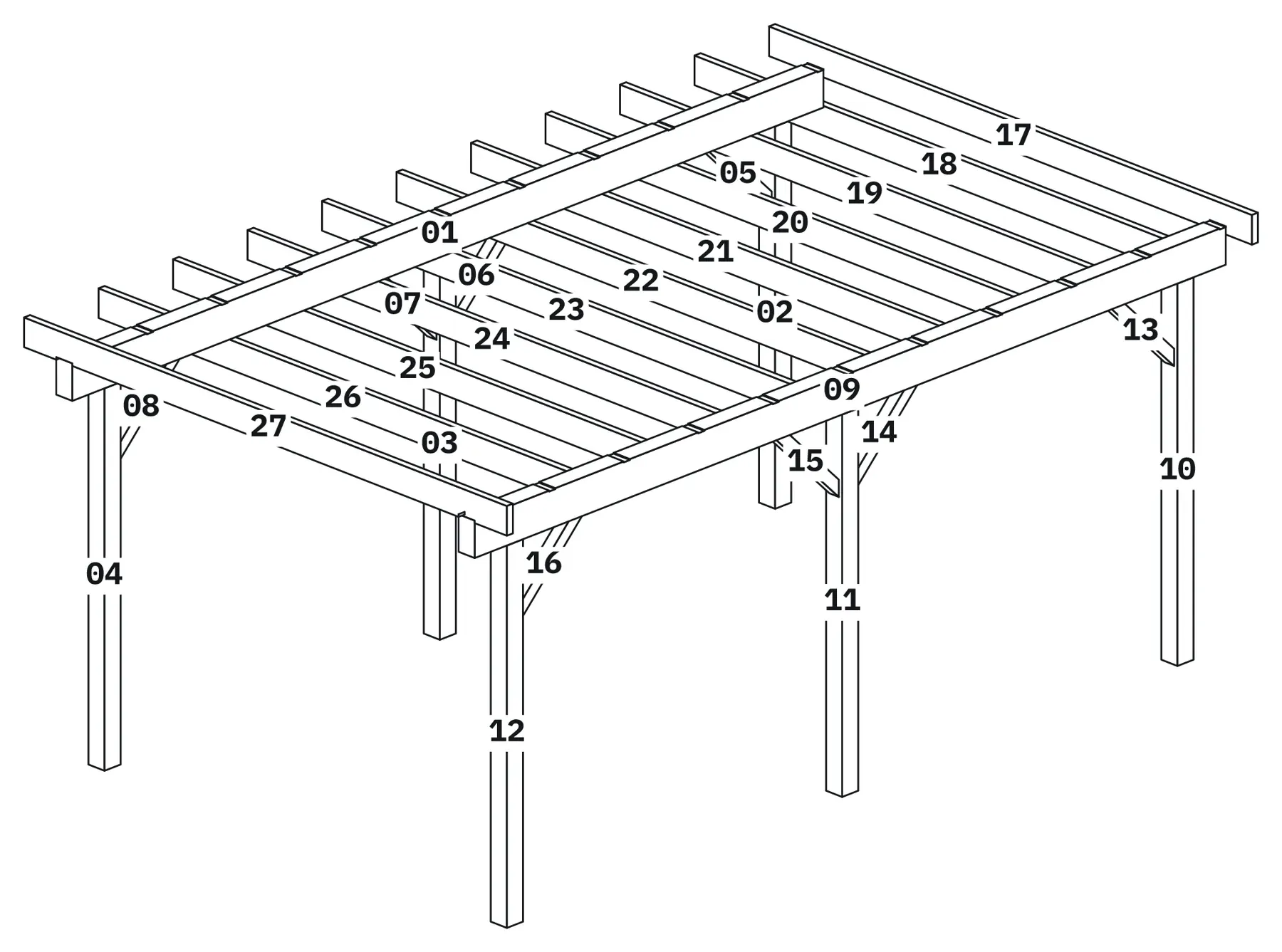 Skelet van een enkele carport met genummerde staanders, balken, schoren en sporen