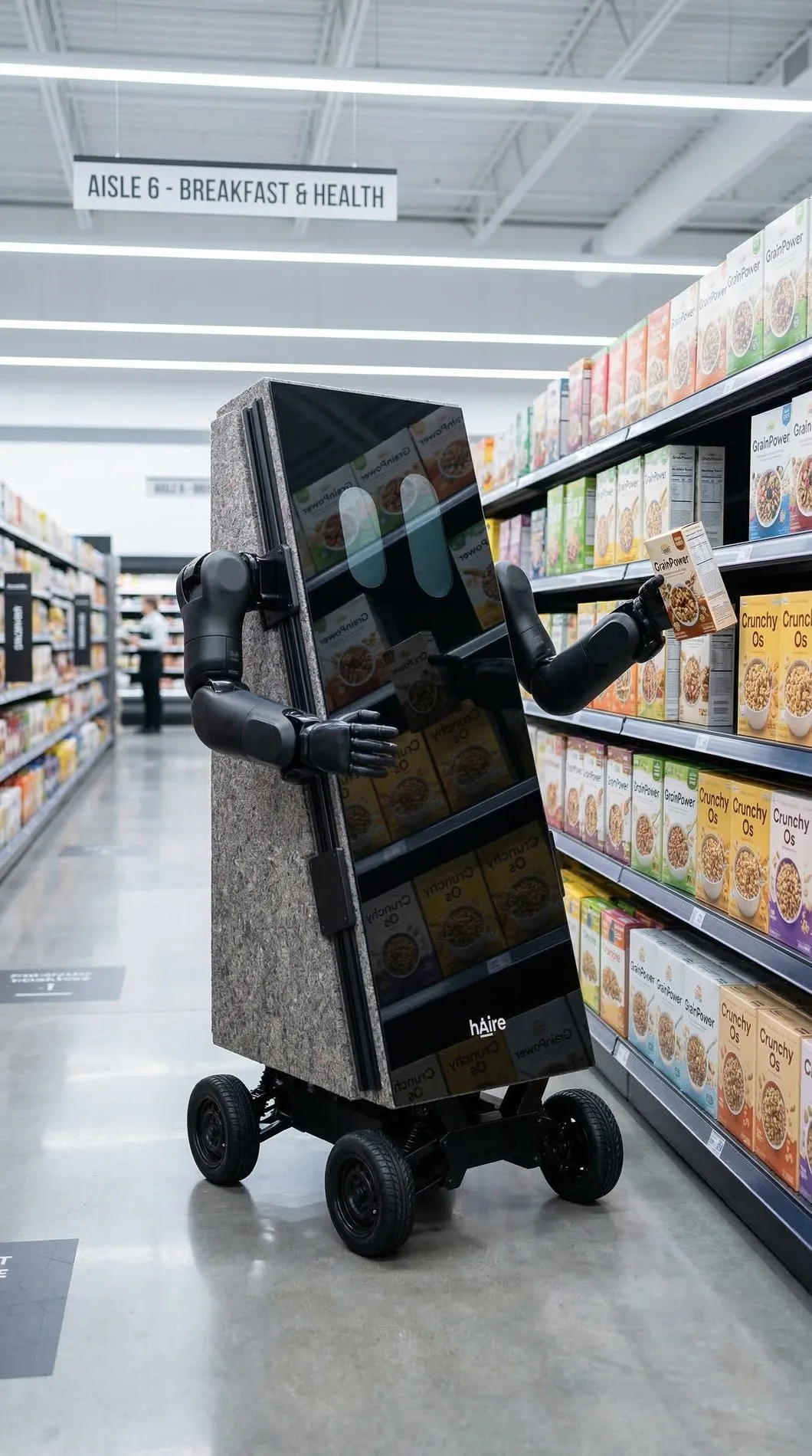 An hAire unit facing up stock along a supermarket aisle
