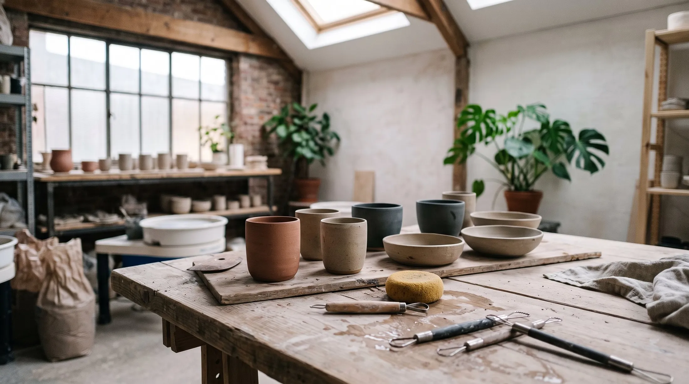 Finished cups and bowls drying on a ceramics worktable