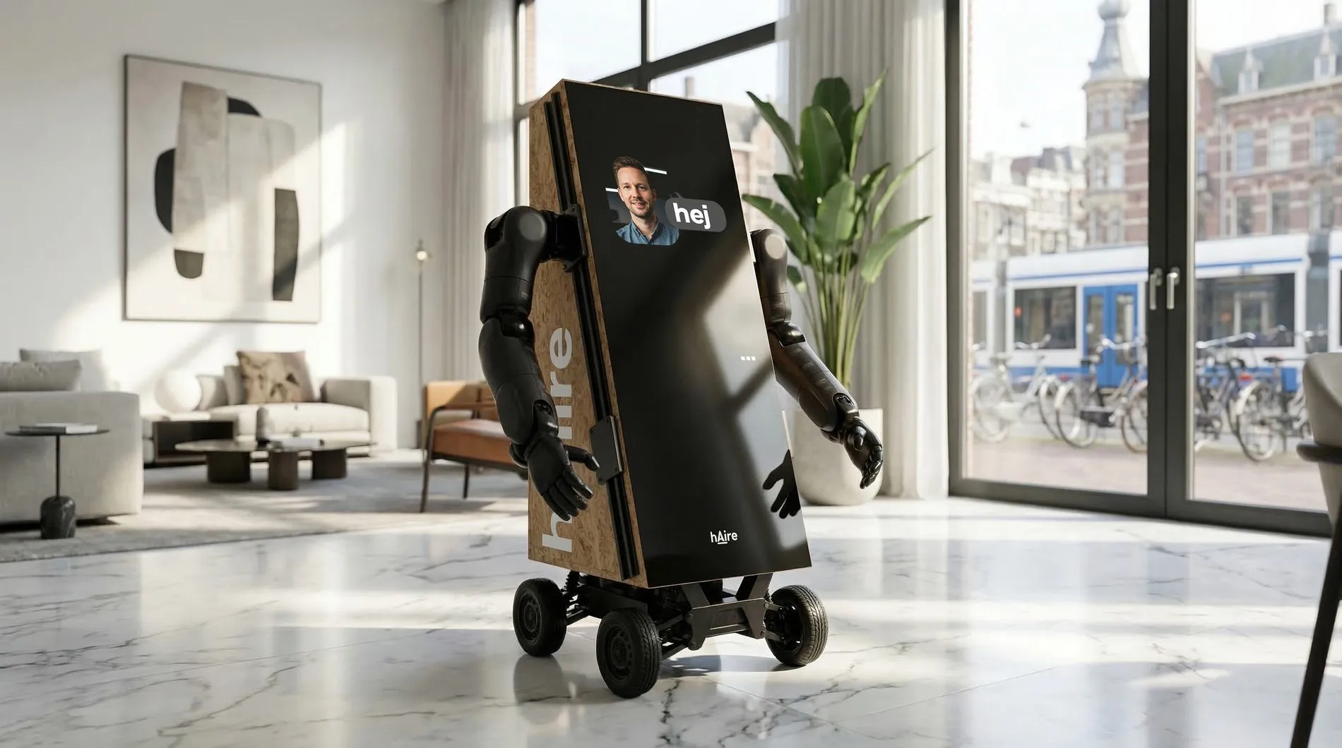 An hAire unit crossing a finished apartment toward the window