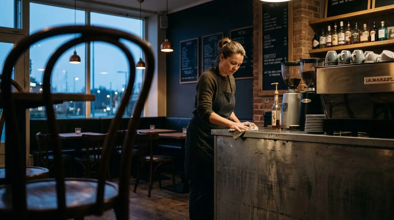 A cafe owner wiping down the counter before service, canal windows behind