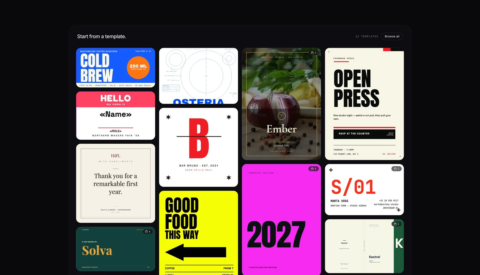 The Popcorn template gallery, a grid of print-ready designs