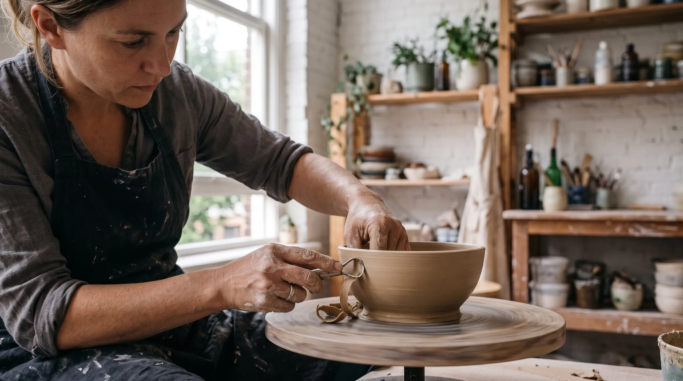 A ceramicist trimming a bowl on the wheel by a studio window