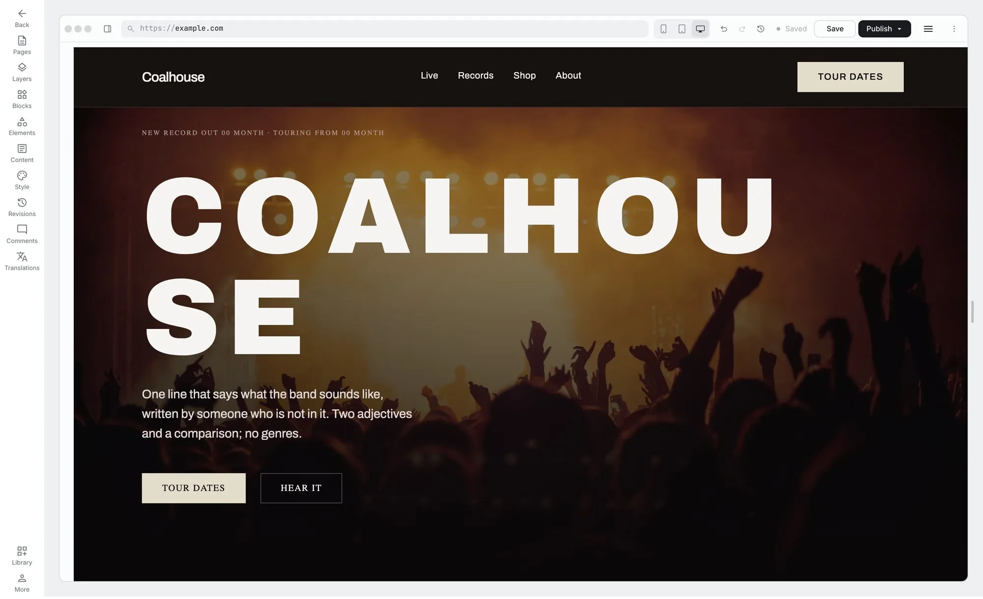 The PageWebPro editor with a band site open, the page rendering live on the canvas