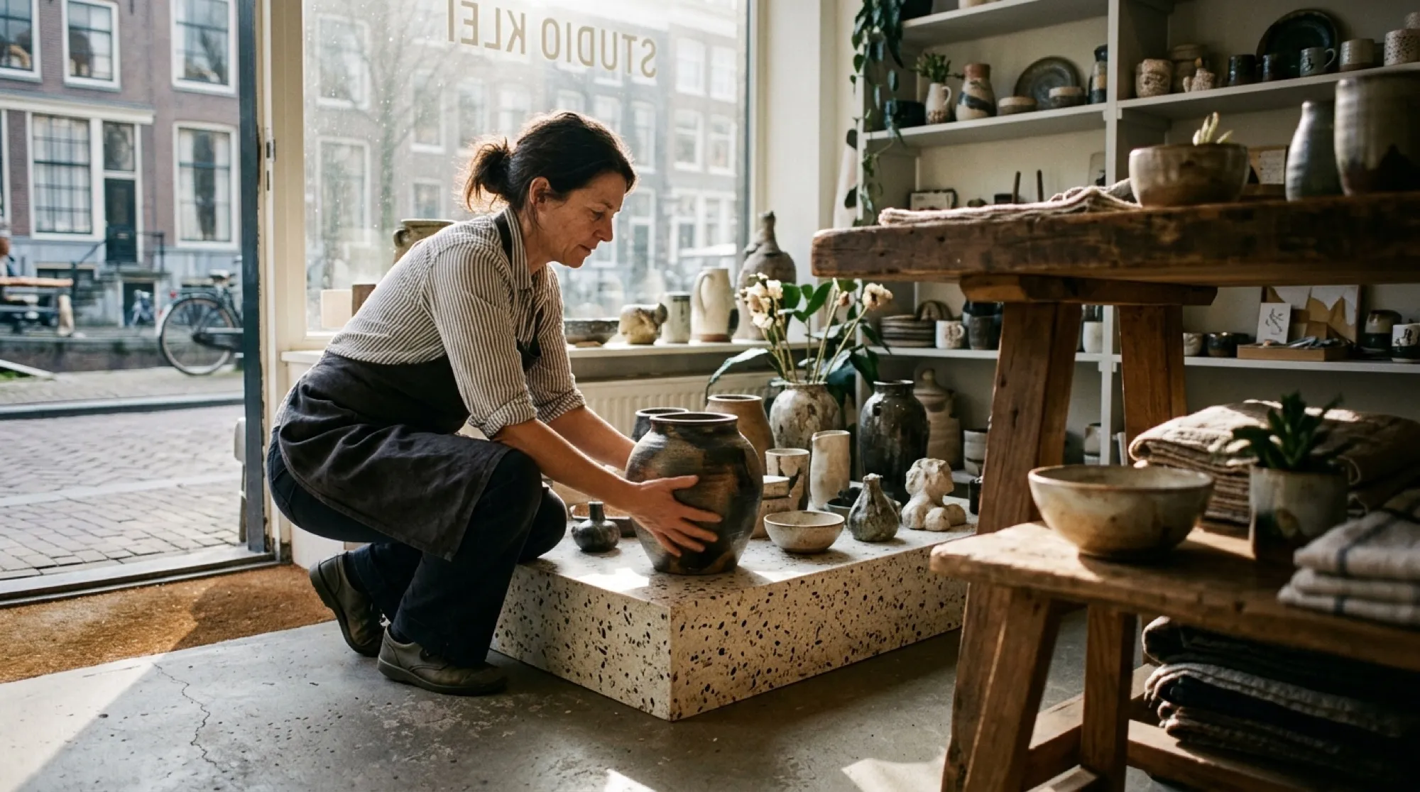 A maker crouched at the window display of her ceramics studio, setting out pots