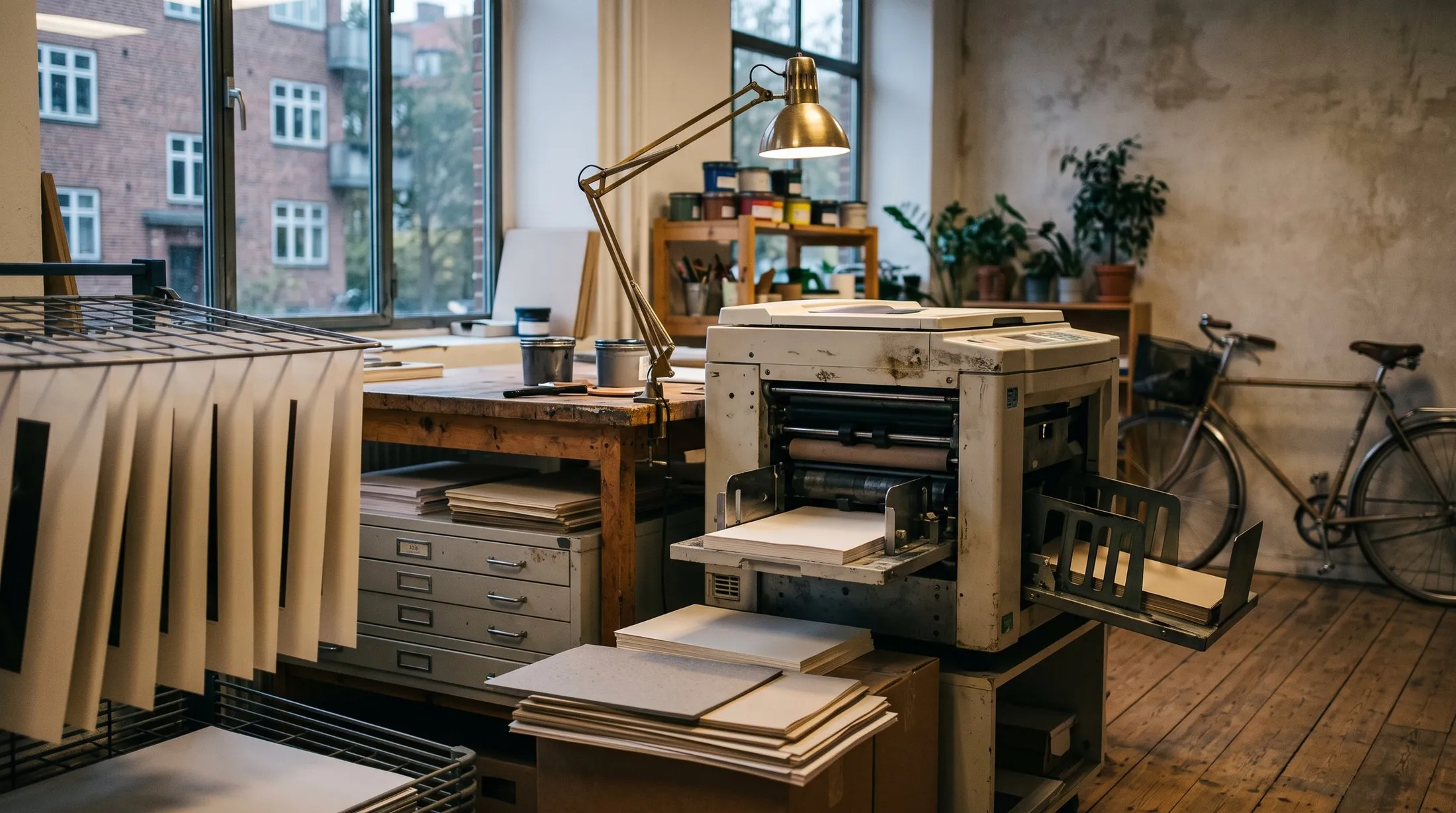 A small print workshop, press and flat files, no one in the room