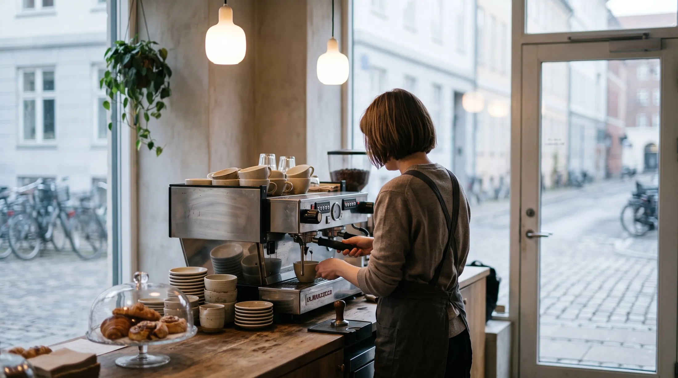 A barista working the machine in a small coffee bar, early morning, street beyond the glass