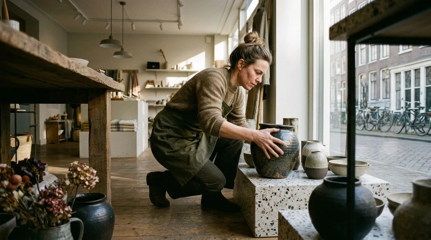 A potter lifting a heavy vessel onto a worktable in the studio