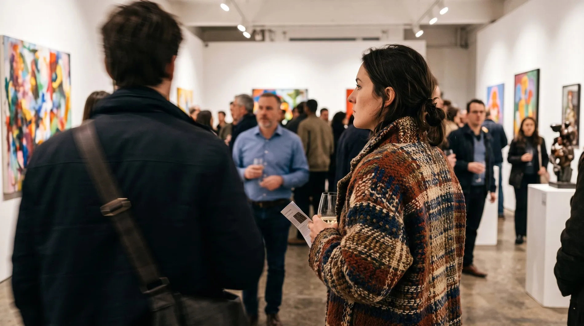 An opening night, people talking between the hung work