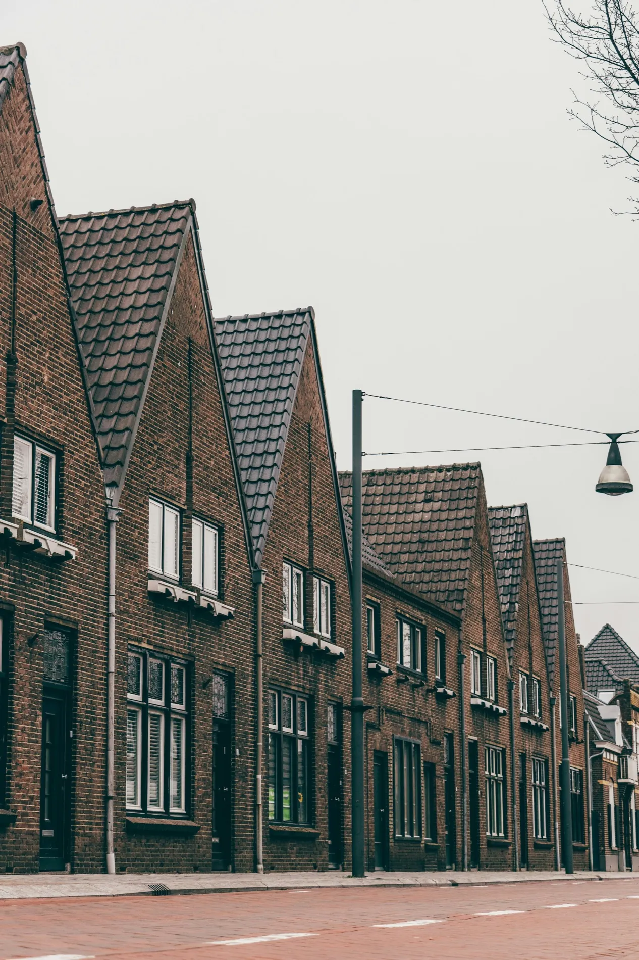 Rij grondgebonden baksteen eengezinswoningen met houten kozijnen en topgevels, frontaal gefotografeerd onder een bewolkte hemel.
