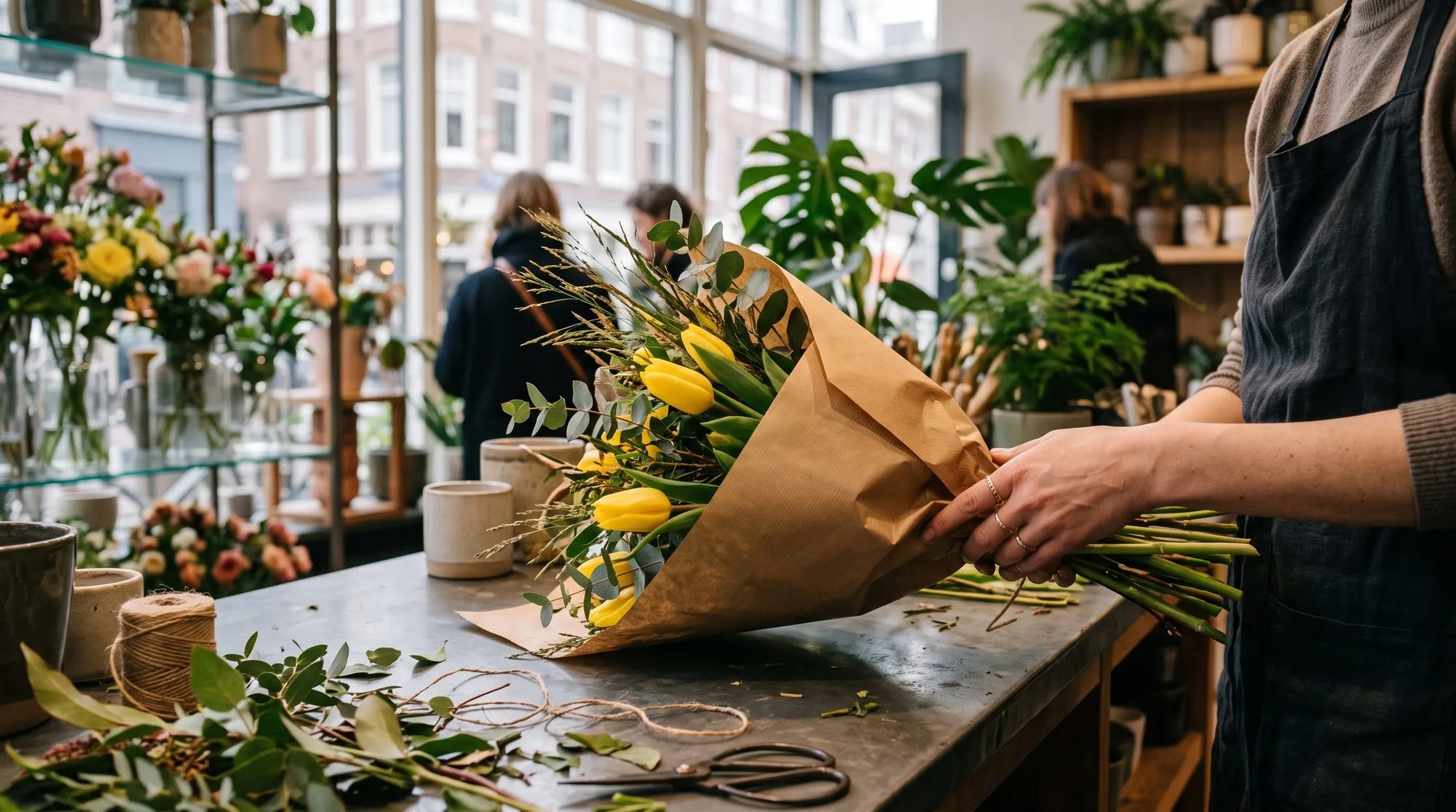 A florist wrapping yellow tulips in brown paper on the bench, shop windows behind