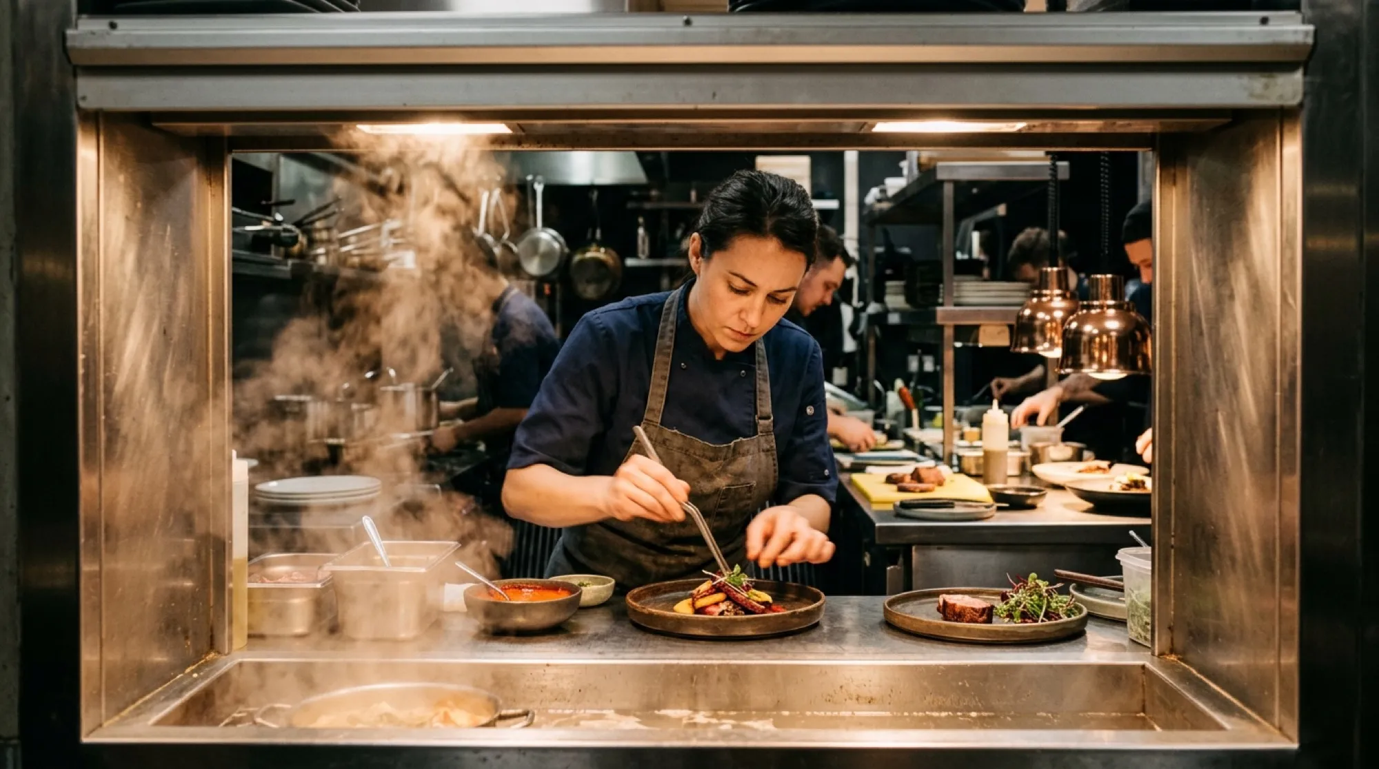 A chef plating a dish at the pass, steam rising under the kitchen lights