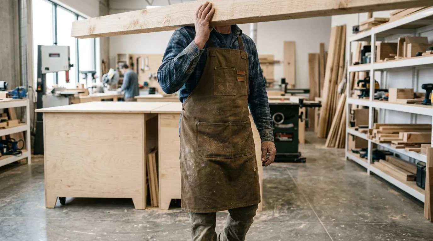 A carpenter carrying sawn timber across the workshop floor