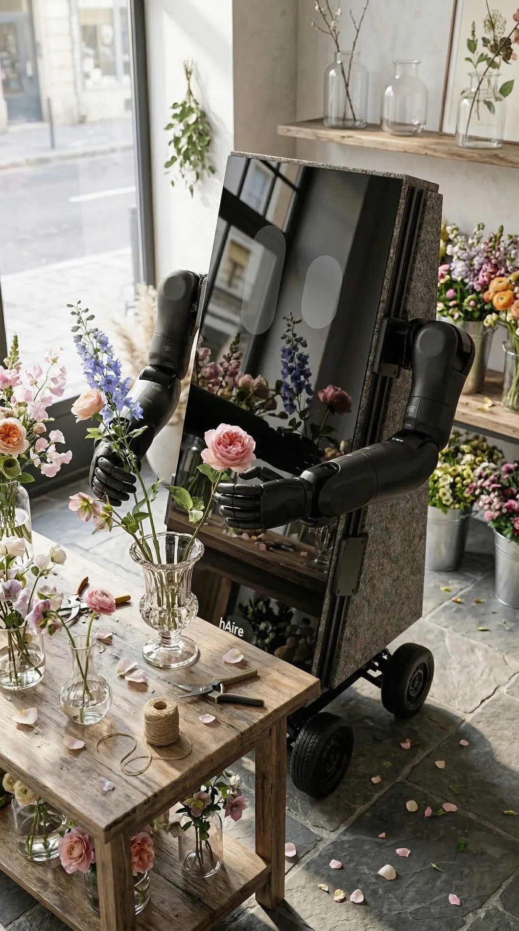 An hAire unit working a florist's bench among cut flowers