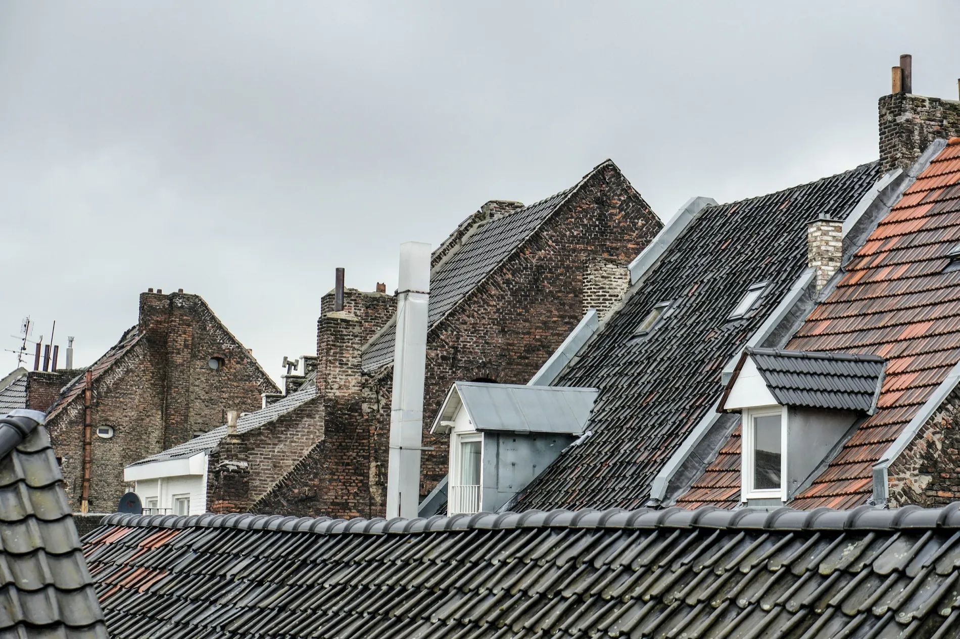 Daklandschap van aaneengesloten woningen: dakpannen, schoorstenen en een afvoerpijp boven de nokken.