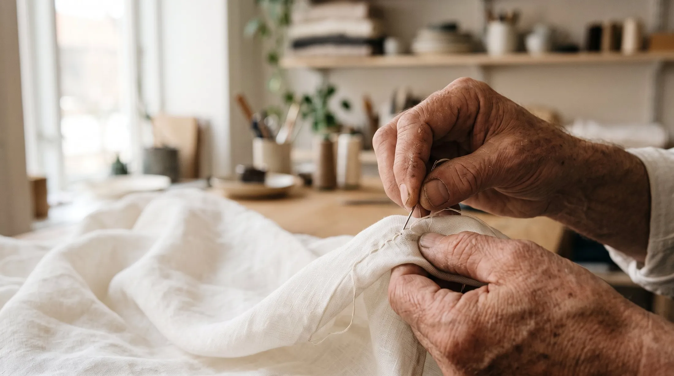 Hands repairing a linen garment by needle and thread