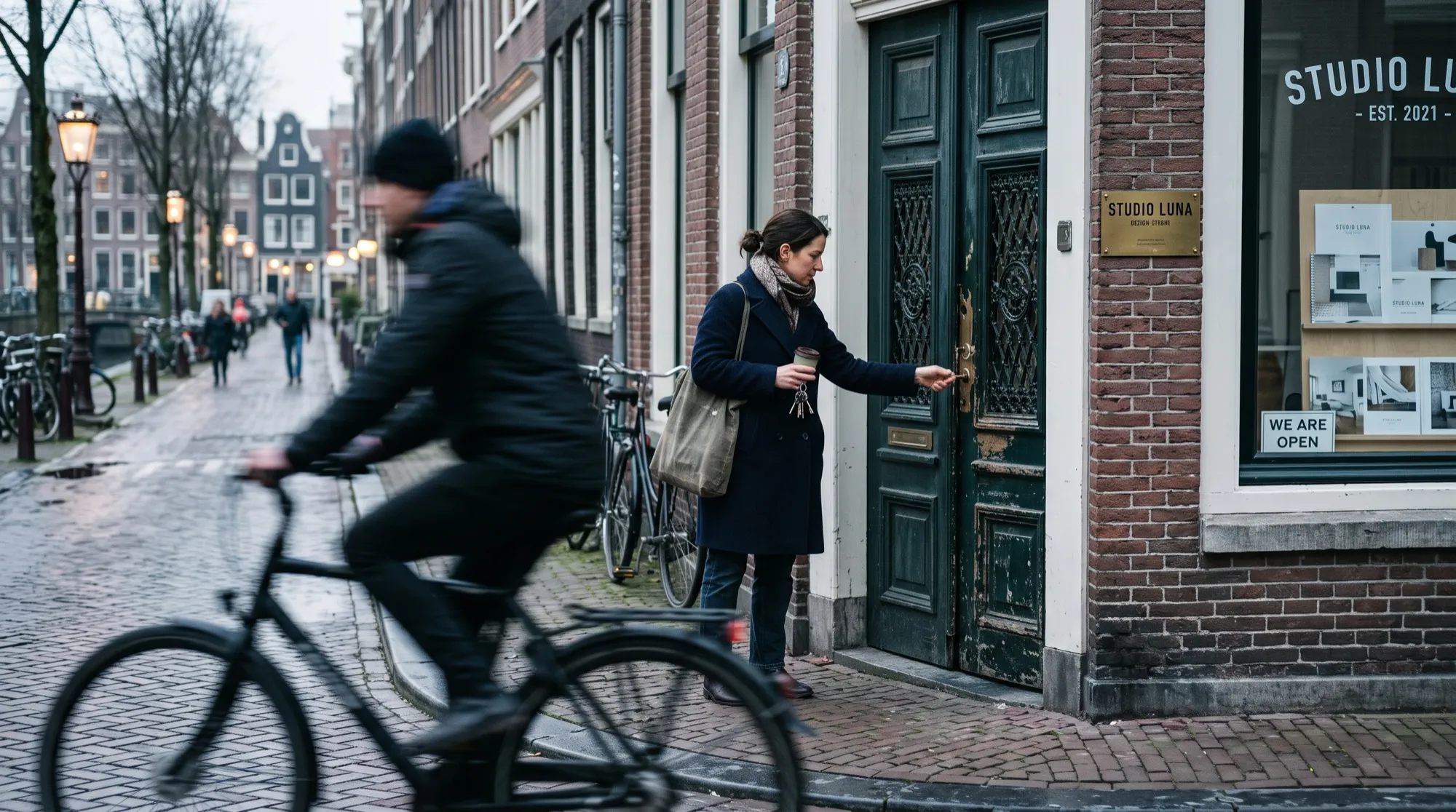 A shopkeeper unlocking the front door of a studio on a wet street at dusk