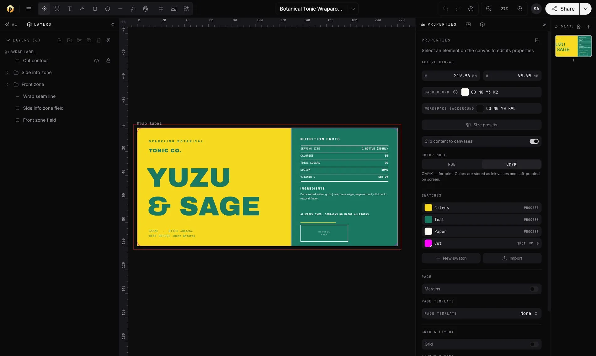 A menu design open on the Popcorn canvas with the properties panel beside it