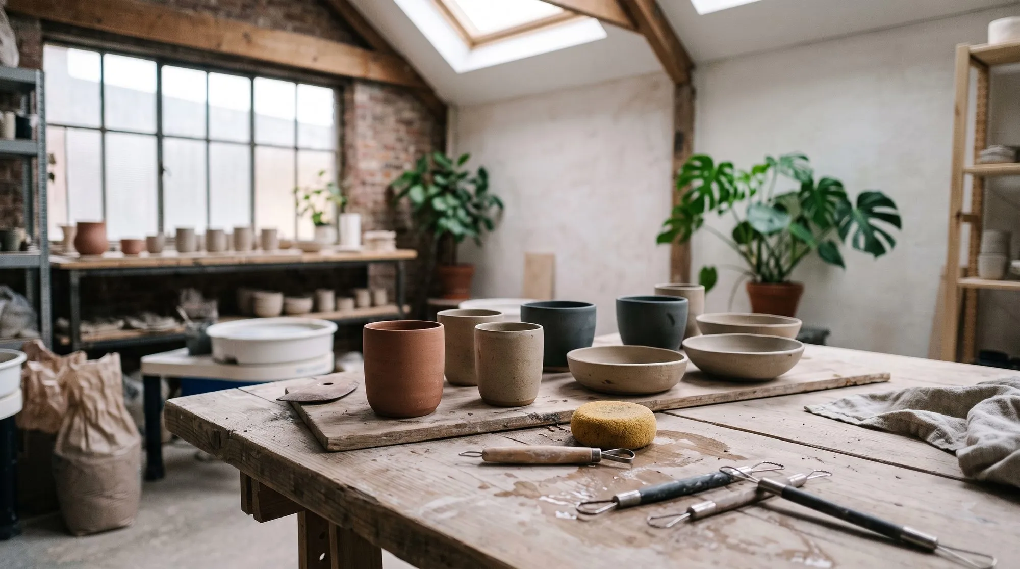 Unglazed cups and bowls drying in rows on a worn timber worktable