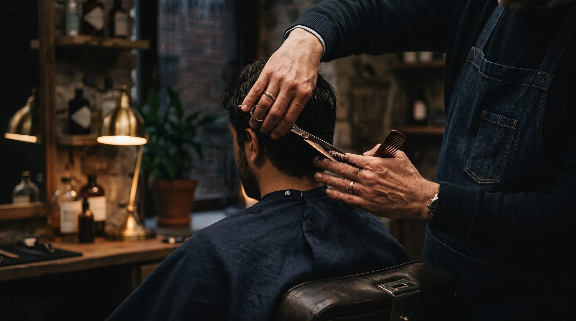 A barber cutting hair with scissors, bottles and a warm lamp on the shelf behind