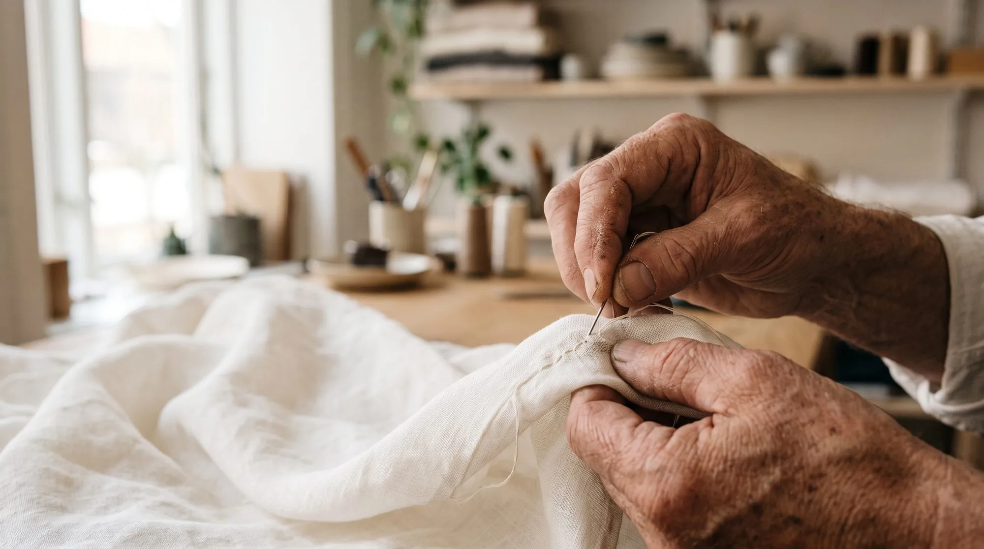 Older hands mending a linen garment with a needle at a bright worktable