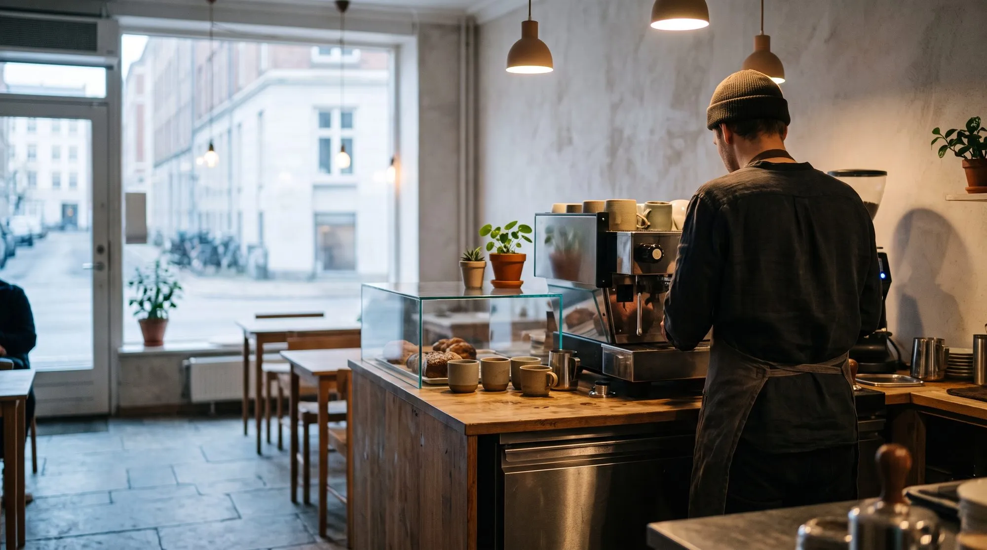 A barista working behind the espresso machine, the street door open onto wet cobbles