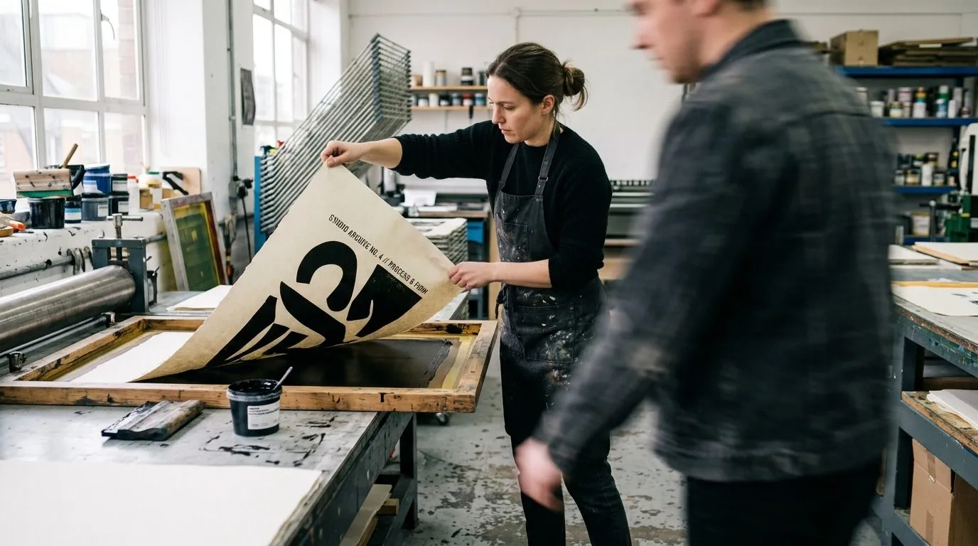 A printmaker lifting a freshly pulled silkscreen off the bed