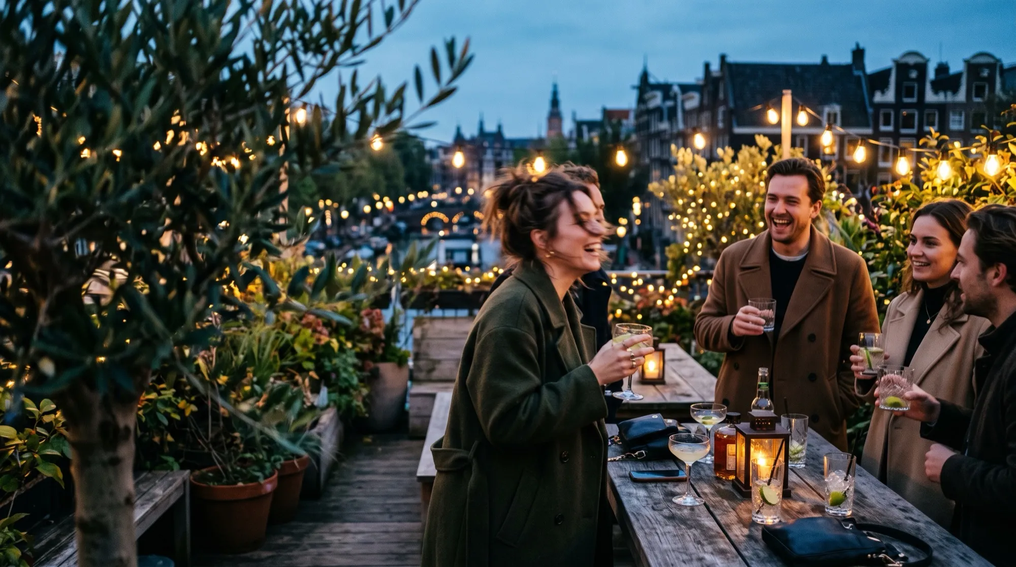 A group of people having drinks together on a rooftop at golden hour