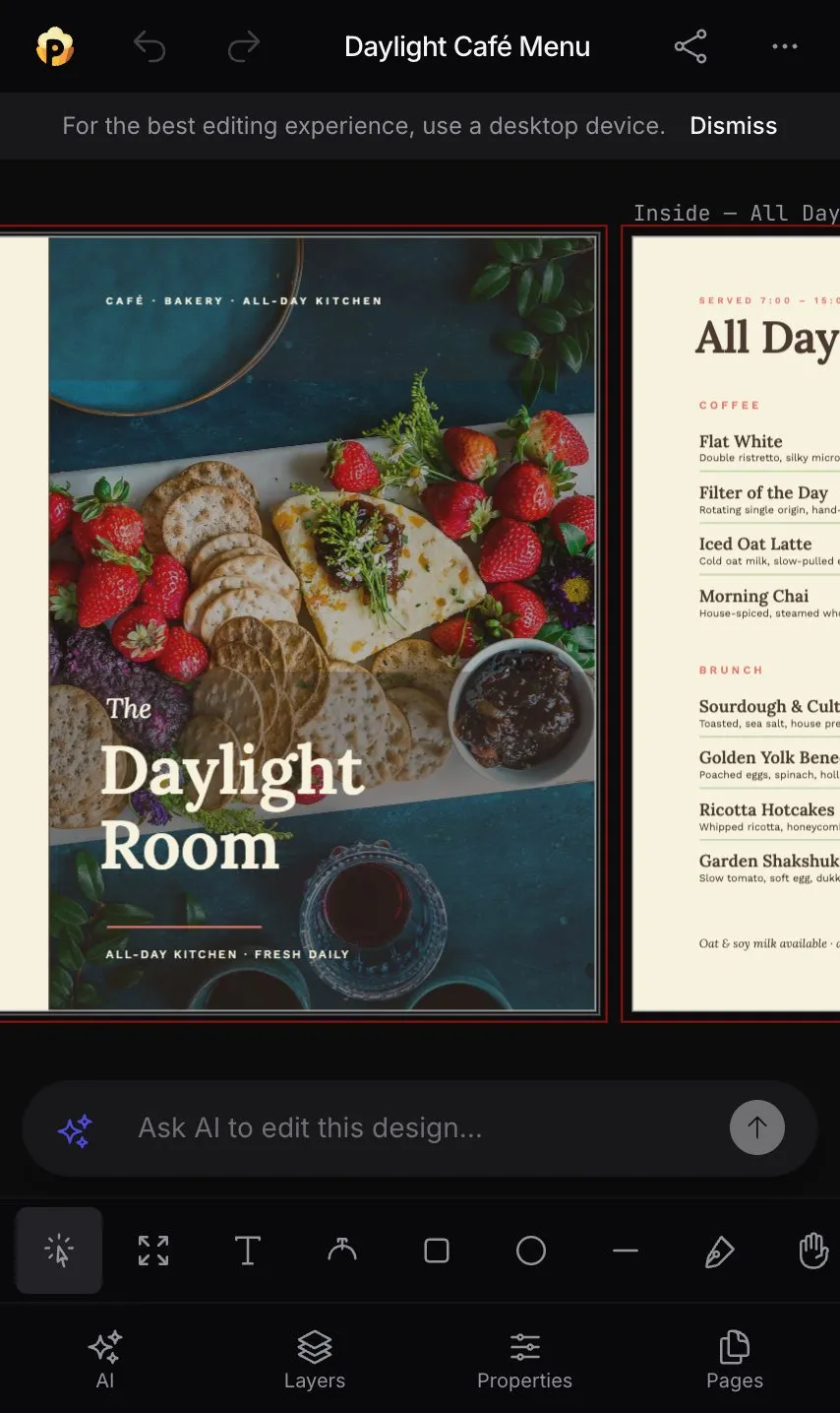 Popcorn open on a phone, a cafe menu on the canvas above the tool bar